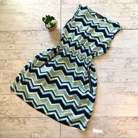 Feathers Dress size Medium Navy Khaki Turquoise - Picture 1 of 6